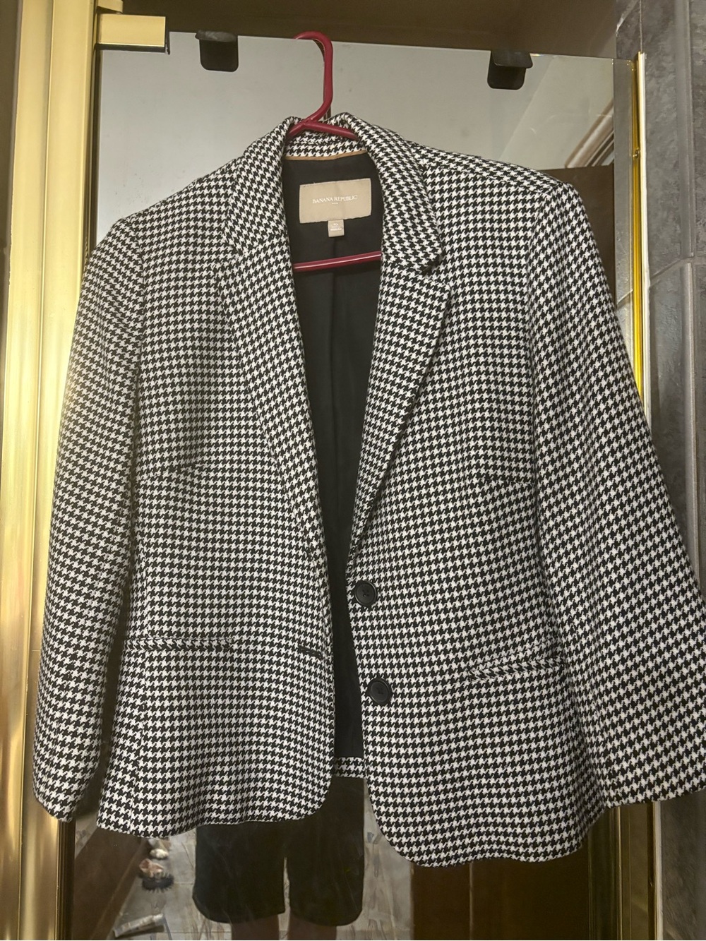 Banana Republic Black & White Houndstooth Jacket with Tan Trim